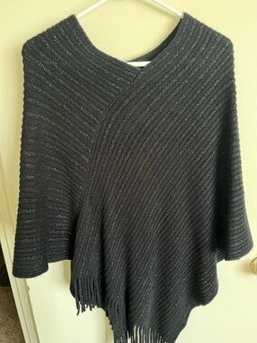 Women's Black with blue Sparkle Knit Poncho Sweater